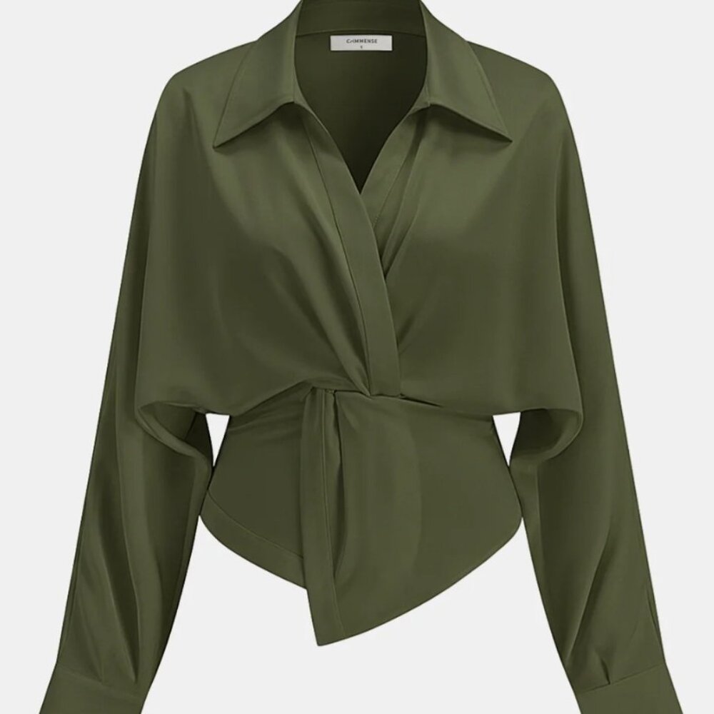 Collared Twisted Front Satin Blouse SZ M, Retail $42